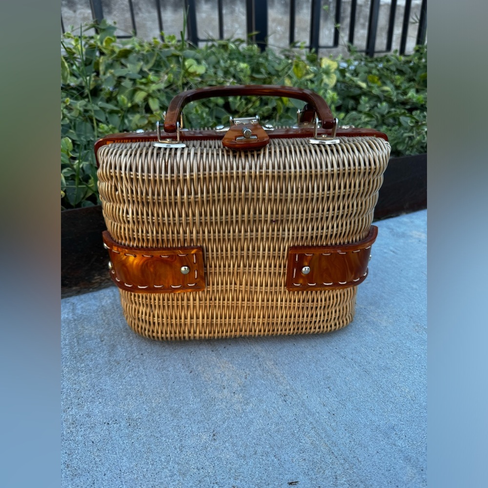 Vintage 60's - 70's Wicker and Lucite Box Bag - Made in Hong Kong